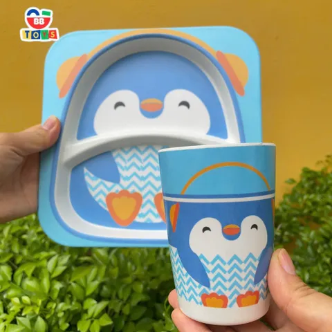 Khay Ăn Dặm Chim Cánh Cụt Cho Bé - Bộ Bát Ăn Tăm Tre An Toàn, Thân Thiện Môi Trường, Quà Tặng Ý Nghĩa
