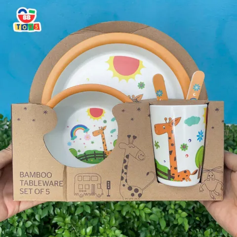 Khay Ăn Dặm Sợi Tre Hươu Cao Cổ Cho Bé - Bộ Đồ Dùng An Toàn, Thân Thiện Môi Trường, Quà Tặng Sinh Nhật Đáng Yêu