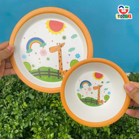 Khay Ăn Dặm Sợi Tre Hươu Cao Cổ Cho Bé - Bộ Đồ Dùng An Toàn, Thân Thiện Môi Trường, Quà Tặng Sinh Nhật Đáng Yêu