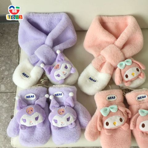 Set Khăn Quàng Cổ và Găng Tay Kuromi cho Trẻ Em - Phụ Kiện Mùa Đông Dễ Thương Cho Bé Gái 4-8 Tuổi