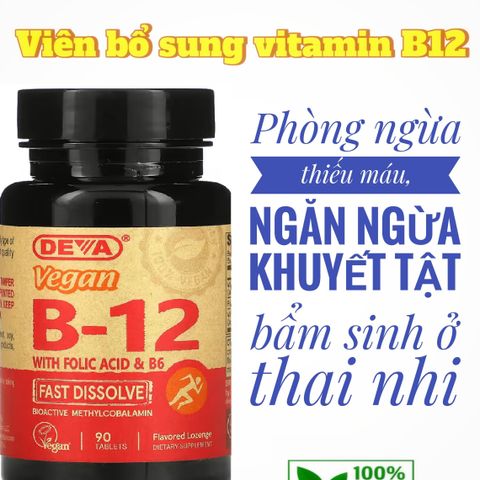 HẠN SỬ DỤNG THÁNG 3-2027 - Viên Bổ Sung Vitamin B12 Vegan DEVA (1000mcg) - Hỗ Trợ Sức Khỏe Tim Mạch, Thần Kinh, Miễn Dịch, Da Tóc, Sinh Sản - 90 Viên