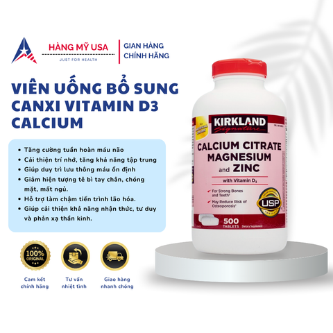 Viên Uống Kirkland Signature Calcium Citrate 500mg với Magnesium và Zinc - Hỗ Trợ Xương Khớp và Tăng Cường Sức Đề Kháng