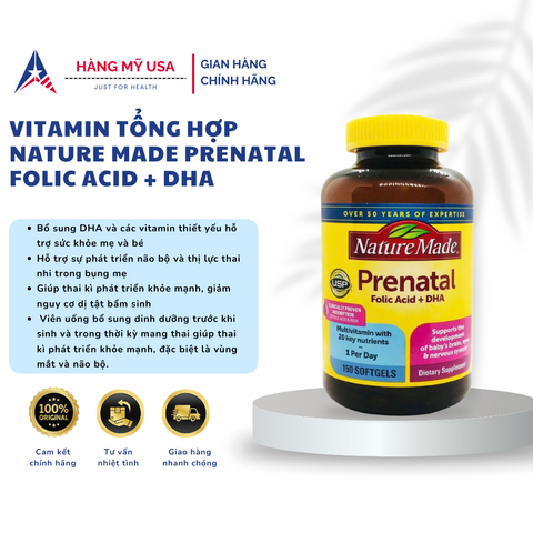 Vitamin Tổng Hợp Bầu Mỹ Nature Made Prenatal Multi + DHA 150 Viên - Dinh Dưỡng Thiết Yếu Cho Mẹ Và Phát Triển Thai Nhi