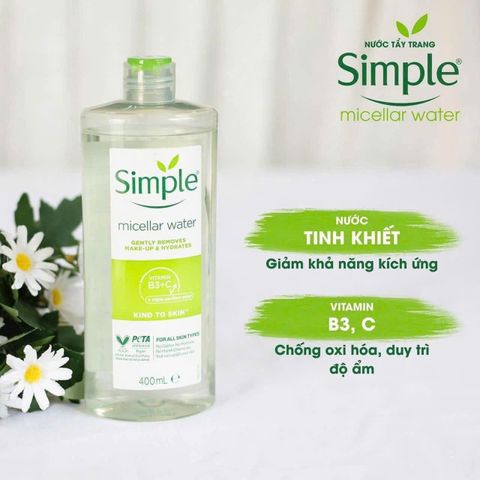 Nước Tẩy Trang Simple Micellar Cleansing Water 400ml - Dịu Nhẹ, Không Hương Liệu, Phù Hợp Cho Da Nhạy Cảm, Làm Sạch Hiệu Quả