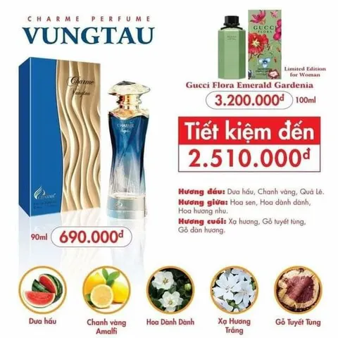 Nước Hoa Nữ Charme Vung Tau 90ml - Hương Hoa Cỏ Tươi Mát, Quyến Rũ và Thanh Lịch, Thích Hợp Cho Phái Đẹp 22-55 Tuổi