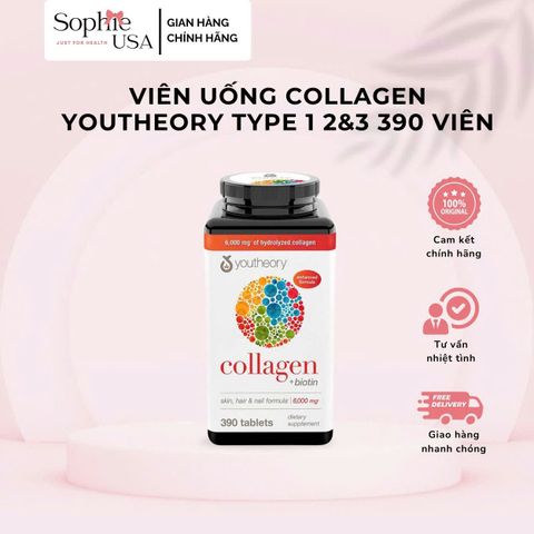 Viên Uống Collagen Youtheory 390 Viên - Cải Thiện Da, Tóc, Móng - Tăng Cường Đề Kháng và Sức Khỏe Khớp - Mỹ