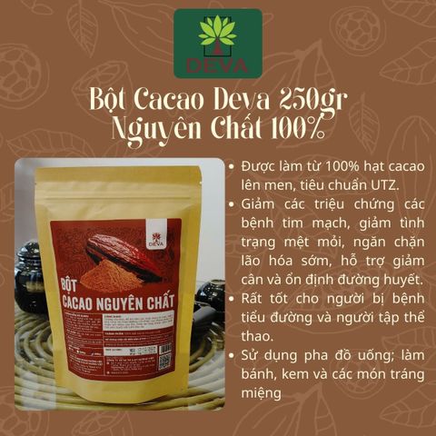 Bột Cacao Nguyên Chất 100% Deva Food 250g - Thực Phẩm Ăn Kiêng, Dành Cho Chay, Keto, Hương Vị Socola Tự Nhiên, Hỗ Trợ Giảm Cân