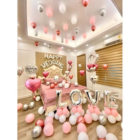 Set Bóng Bay Trang Trí Phòng Cưới Sang Trọng - Tặng 100 Cánh Hoa Hồng Lụa, Đám Cưới Lãng Mạn và Độc Đáo