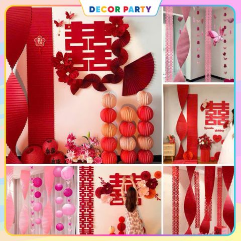 Dải Giấy Xếp Gợn Sóng Đỏ Trang Trí Đám Cưới, Trung Thu, Lễ Tết - Decor Sang Trọng Cho Tiệc và Chụp Ảnh