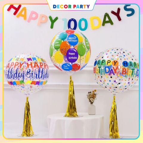 Bóng Jumbo 4D Trong Suốt In Happy Birthday - Bộ Bóng Trang Trí Sinh Nhật Phong Cách Hàn Quốc Kèm Trụ Mica 70cm
