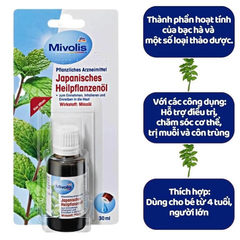 Tinh Dầu Bạc Hà Mivolis Đức 30ml - 100% Nguyên Chất, Hỗ Trợ Xông Mũi, Giảm Đau, Tiêu Hóa, Dùng Bôi Ngoài, Pha Uống