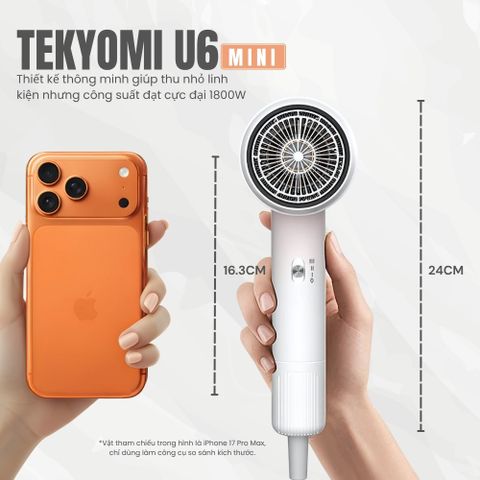 Máy Sấy Tóc Mini TEKYOMI U6 – Công Suất 1800W, Động Cơ Siêu Tốc 110.000 Vòng/Phút, Ion Âm, Nhỏ Gọn, Dưỡng Tóc Mượt Mà