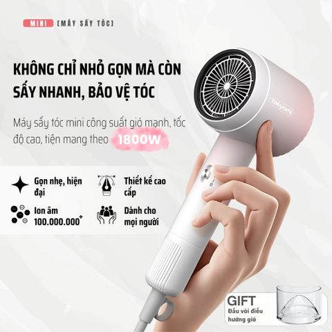 Máy Sấy Tóc Mini TEKYOMI U6 – Công Suất 1800W, Động Cơ Siêu Tốc 110.000 Vòng/Phút, Ion Âm, Nhỏ Gọn, Dưỡng Tóc Mượt Mà