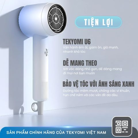 Máy Sấy Tóc Mini TEKYOMI U6 – Công Suất 1800W, Động Cơ Siêu Tốc 110.000 Vòng/Phút, Ion Âm, Nhỏ Gọn, Dưỡng Tóc Mượt Mà