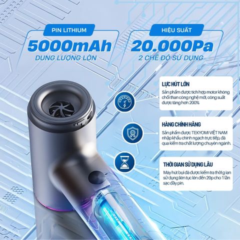 Máy Hút Bụi Cầm Tay Mini Tekyomi EG-122 - Công Suất 200W, Lực Hút 20.000Pa, Pin 5000mAh, 4in1 Hút/Thổi/Bơm/Chân Không