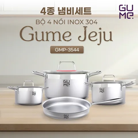 Bộ Nồi Inox 304 4 Món GUME Jeju GMP-3544 - Nồi Bền Chắc, Thiết Kế Sang Trọng, Đáy 5 Lớp Tiết Kiệm Năng Lượng, Đa Năng Cho Bếp Việt