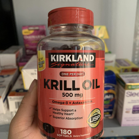 Dầu Nhuyễn Thể Kirkland Krill Oil 500mg - 180 Viên Bổ Sung Omega-3 Nguyên Chất và Astaxanthin Giúp Tăng Cường Sức Khỏe Tim Mạch
