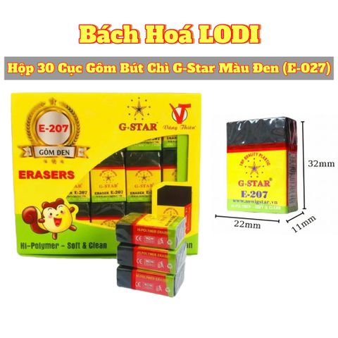 Hộp 30 Cục Gôm Tẩy Chì G-Star E-207 - Màu Đen, Tẩy Sạch Mượt Mà, An Toàn Tuyệt Đối cho Học Sinh và Văn Phòng
