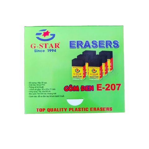 Hộp 30 Cục Gôm Tẩy Chì G-Star E-207 - Màu Đen, Tẩy Sạch Mượt Mà, An Toàn Tuyệt Đối cho Học Sinh và Văn Phòng