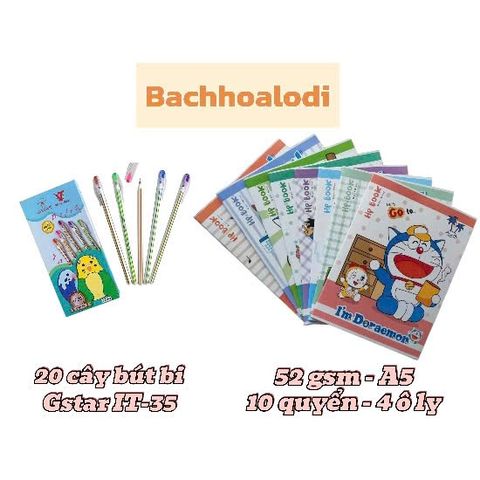 Combo 10 Quyển Tập A5 52gsm Mỏng + Hộp Bút bi IT-35 20 Cây - Vật Dụng Học Tập Chất Lượng Cao Cho Học Sinh