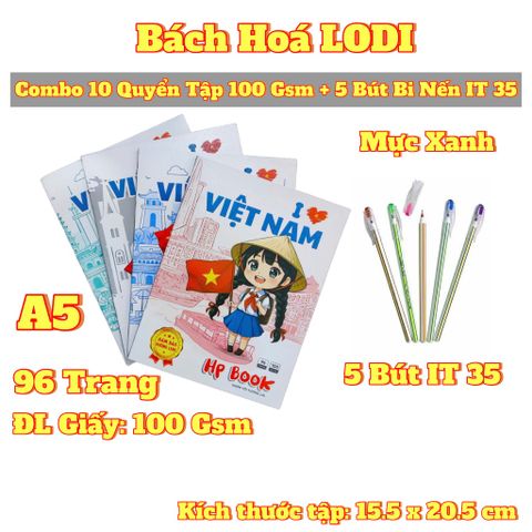 Combo 10 Quyển Tập Học Sinh Cao Cấp A5 100Gsm - 96 Trang 4 Ô Ly + 5 Bút Bi Nến IT35 Chính Hãng Ấn Độ