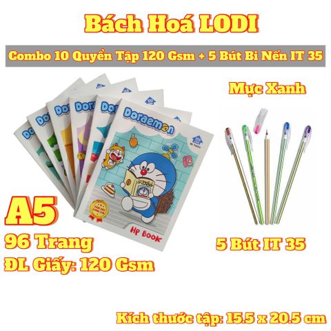 Combo 10 Tập Học Sinh Cao Cấp 120GSM 96 Trang A5 - Bao Gồm 5 Bút Bi Nến IT35 Chất Lượng Ấn Độ, Giấy Viết Không Lem