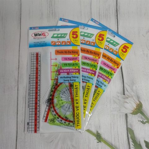 Bộ Thước Học Sinh 5 Món Nhựa Dẻo Bền Bỉ - Dụng Cụ Học Tập Thiết Kế Gọn Gàng Cho Tiểu Học, Hình Học, Vẽ, Đo Lường