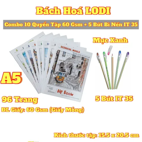 Combo 10 Quyển Tập A5 96 Trang 4 Ôly 60 Gsm (Mỏng) + 5 Bút Bi Nến IT 35 Chính Hãng Ấn Độ - Văn Phòng Phẩm Học Sinh