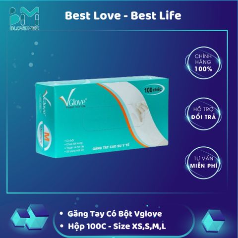 Găng tay y tế Latex có bột VGlove Khải Hoàn màu trắng - Hộp 100 chiếc, dùng một lần, an toàn cho sức khỏe