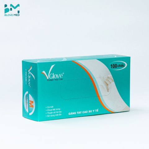 Găng tay y tế Latex có bột VGlove Khải Hoàn màu trắng - Hộp 100 chiếc, dùng một lần, an toàn cho sức khỏe