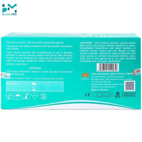 Găng tay y tế Latex có bột VGlove Khải Hoàn màu trắng - Hộp 100 chiếc, dùng một lần, an toàn cho sức khỏe