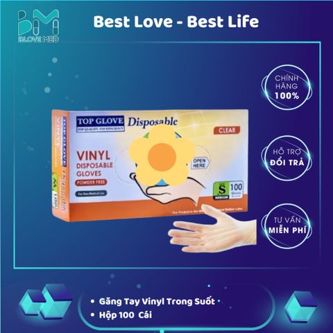Găng Tay Vinyl Trong Suốt Không Bột Size S/M/L - Găng Tay Nấu Ăn, Làm Đẹp, Dùng Trong Y Tế, Top Glove (Hộp 100 Chiếc)