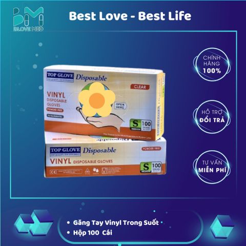 Găng Tay Vinyl Trong Suốt Không Bột Size S/M/L - Găng Tay Nấu Ăn, Làm Đẹp, Dùng Trong Y Tế, Top Glove (Hộp 100 Chiếc)