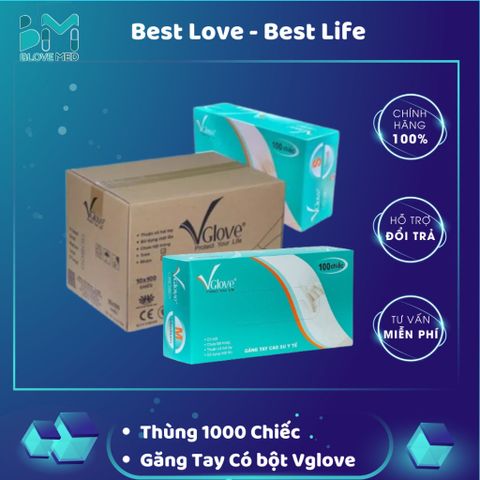 Găng Tay Y Tế Latex Có Bột Vglove Khải Hoàn Màu Trắng - Thùng 10 Hộp 100 Chiếc Dùng 1 Lần, Không Tiệt Trùng, An Toàn Cho Sức Khỏe