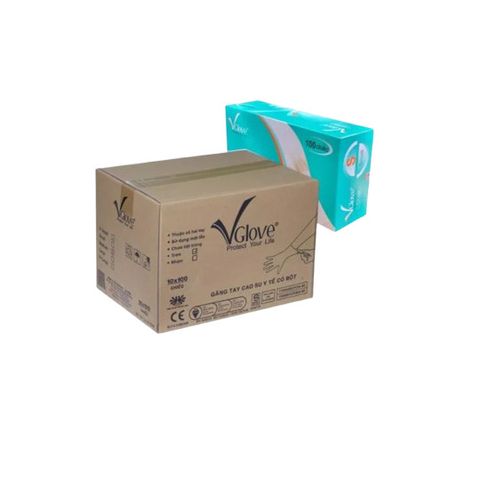 Găng Tay Y Tế Latex Có Bột Vglove Khải Hoàn Màu Trắng - Thùng 10 Hộp 100 Chiếc Dùng 1 Lần, Không Tiệt Trùng, An Toàn Cho Sức Khỏe