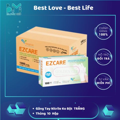 Thùng 10 Hộp Găng Tay Cao Su EZCARE Nitrile Trắng Không Bột VIETGLOVE