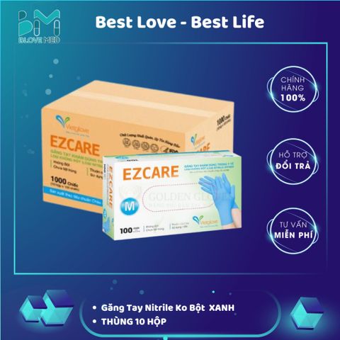 Găng Tay Cao Su EZCARE Nitrile Xanh Không Bột VIETGLOVE (Thùng 10 Hộp)