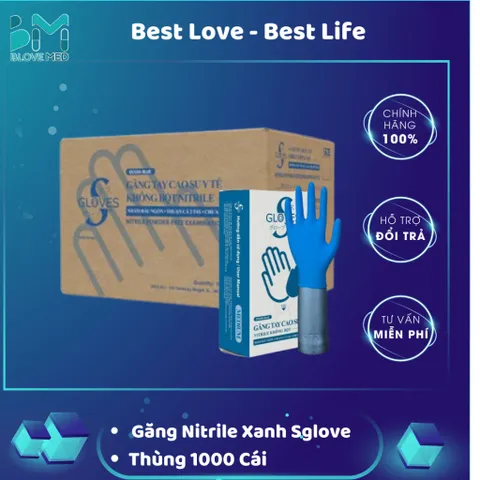 Găng tay y tế cao su Nitrile xanh Sglove không bột 3.5g Thùng 10 hộp