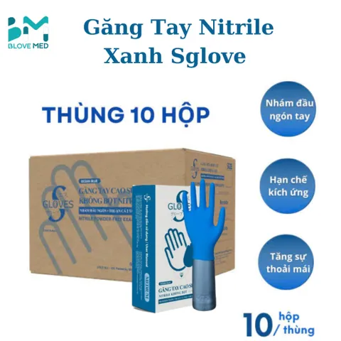Găng tay y tế cao su Nitrile xanh Sglove không bột 3.5g Thùng 10 hộp