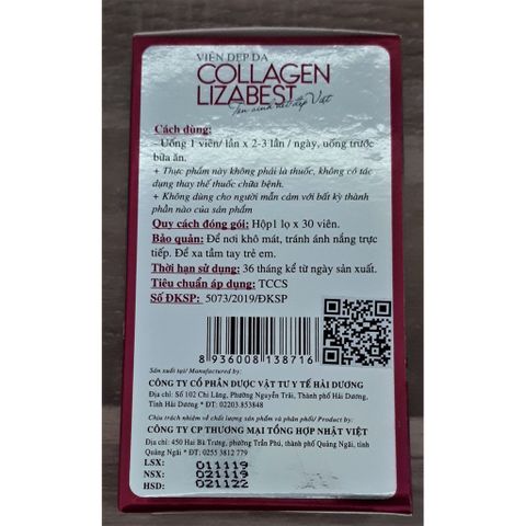 Viên uống bổ sung collagen Lizabest - Hỗ trợ làm đẹp da, giảm lão hóa, tăng độ đàn hồi - Nhật Việt Pharma - Hộp 30 viên