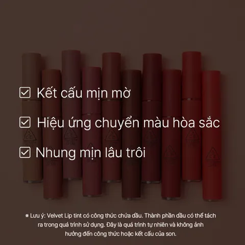 Son Nhung Lì 3CE Velvet Lip Tint 4g - Son Môi Chính Hãng Hàn Quốc, Lên Màu Chuẩn, Chất Mịn Nhẹ, Định Hình Môi Tự Nhiên