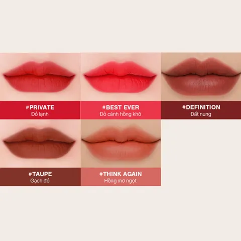 Son Nhung Lì 3CE Velvet Lip Tint 4g - Son Môi Chính Hãng Hàn Quốc, Lên Màu Chuẩn, Chất Mịn Nhẹ, Định Hình Môi Tự Nhiên