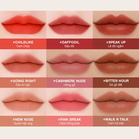 Son Nhung Lì 3CE Velvet Lip Tint Chính Hãng 4g - Chất Son Mịn Nhẹ, Lên Màu Chuẩn, Dành Cho Mọi Tông Da
