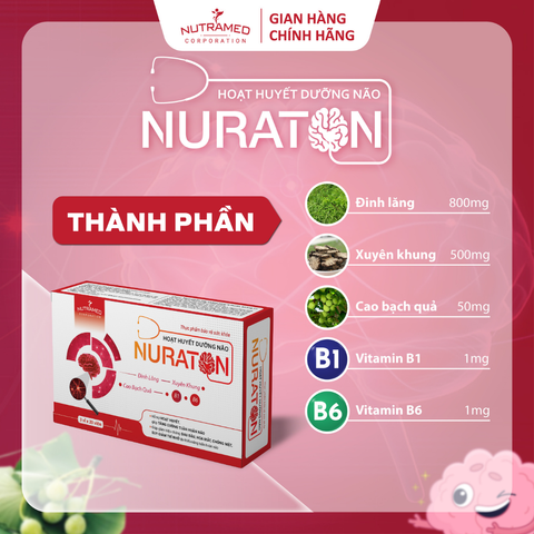 Viên uống hỗ trợ hoạt huyết Nuraton - Tăng cường tuần hoàn máu não, giảm đau đầu và mất ngủ - Thực phẩm chức năng cho người lớn (60 viên)