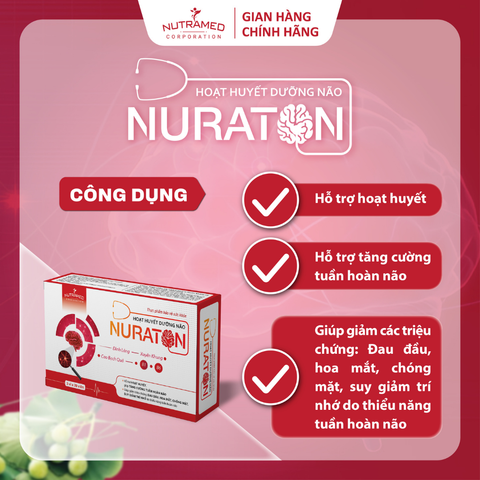 Viên uống hỗ trợ hoạt huyết Nuraton - Tăng cường tuần hoàn máu não, giảm đau đầu và mất ngủ - Thực phẩm chức năng cho người lớn (60 viên)