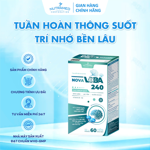 Viên uống hỗ trợ tuần hoàn não Novaloba 240 - Giảm đau đầu, mất ngủ - Bổ não Nutramed (60 viên)