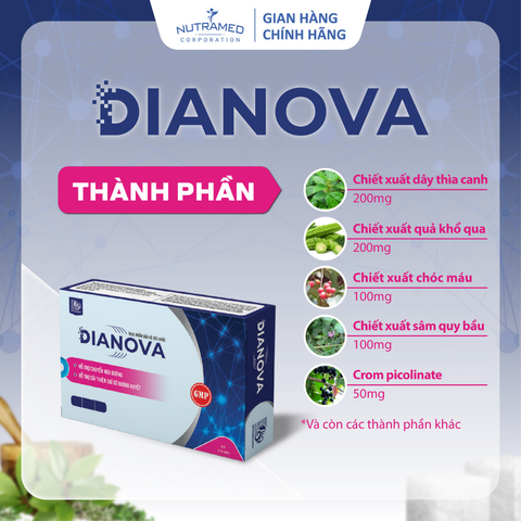 Viên uống Dianova - Hỗ trợ kiểm soát đường huyết hiệu quả, ngăn ngừa biến chứng tiểu đường (30 viên)