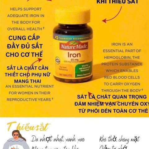 Viên Uống Bổ Sung Sắt Nature Made Iron 65mg - Bổ Máu cho Phụ Nữ Mang Thai - Hộp 365 Viên Mỹ
