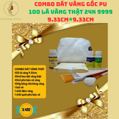 Combo Dát Vàng Thật 24K 9999 - 100 Lá Vàng 9.33cm Kèm Keo, Bông Chà, Phụ Kiện Tạo Bóng Sang Trọng