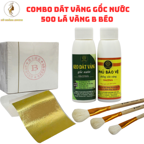 Combo Dát Vàng Gốc Nước - 500 Lá Vàng B Kim Siêu Rẻ Kèm Keo & Phủ Bóng, Dùng Cho Nhiều Chất Liệu Thấm Hút Như Giấy, Xi Măng, Đồ Da